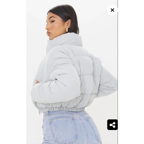 Pretty Little Thing Peach Skin Cropped Bubble Puffer Jacket Gray Size 4 NWT‎ - Picture 2 of 12